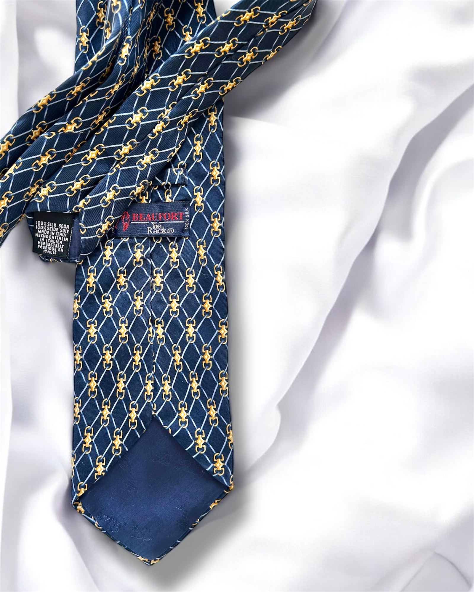 Vintage 1980s Beaufort for Tie Rack Silk Tie – Made in Italy – Navy Blue with Gold Chain Pattern
