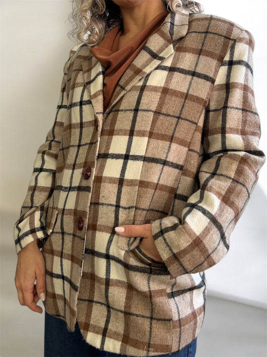 Vintage Plaid Wool Blazer with Shoulder Pads