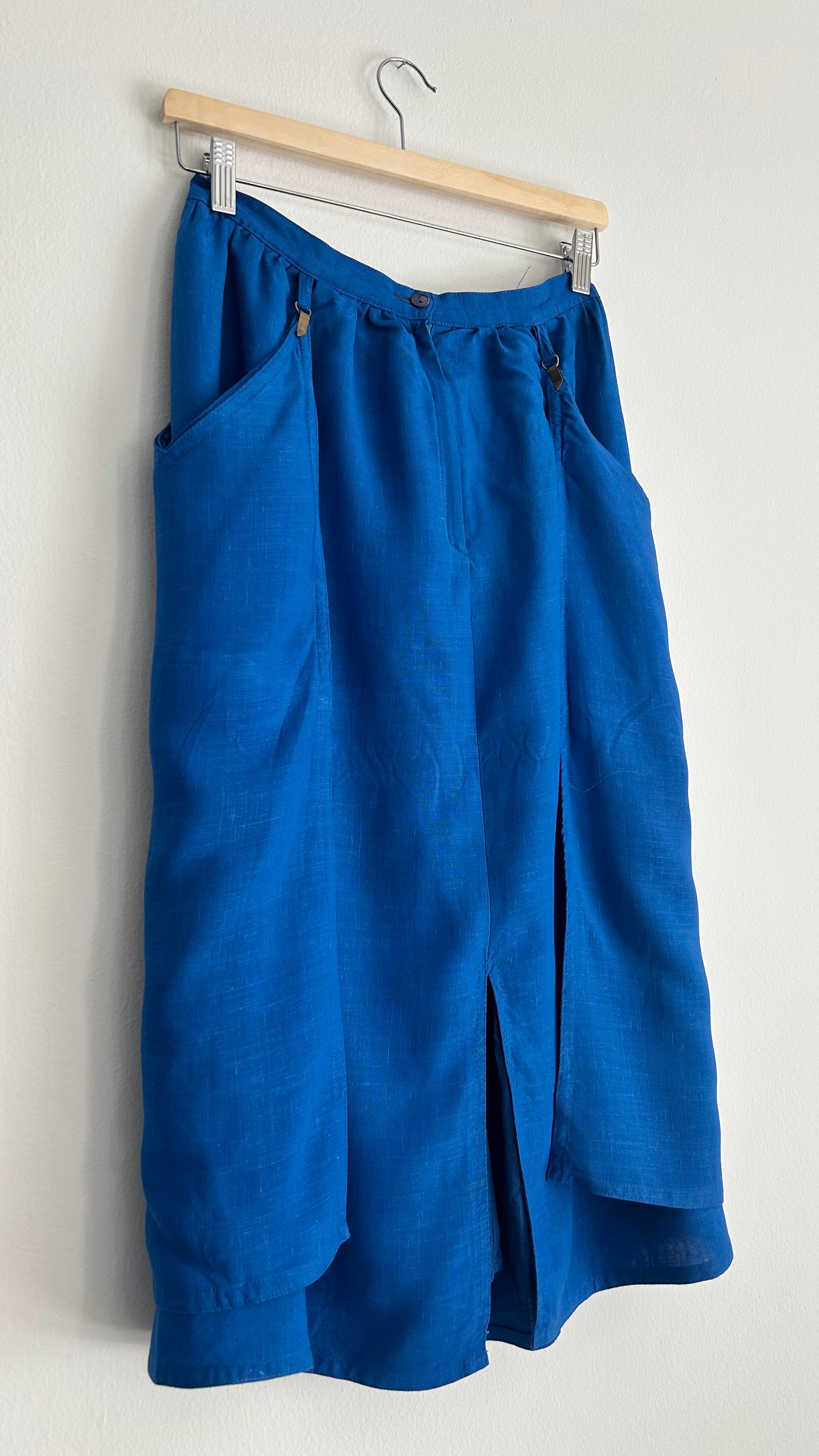 Vintage 1970s Royal Blue Linen Midi Skirt