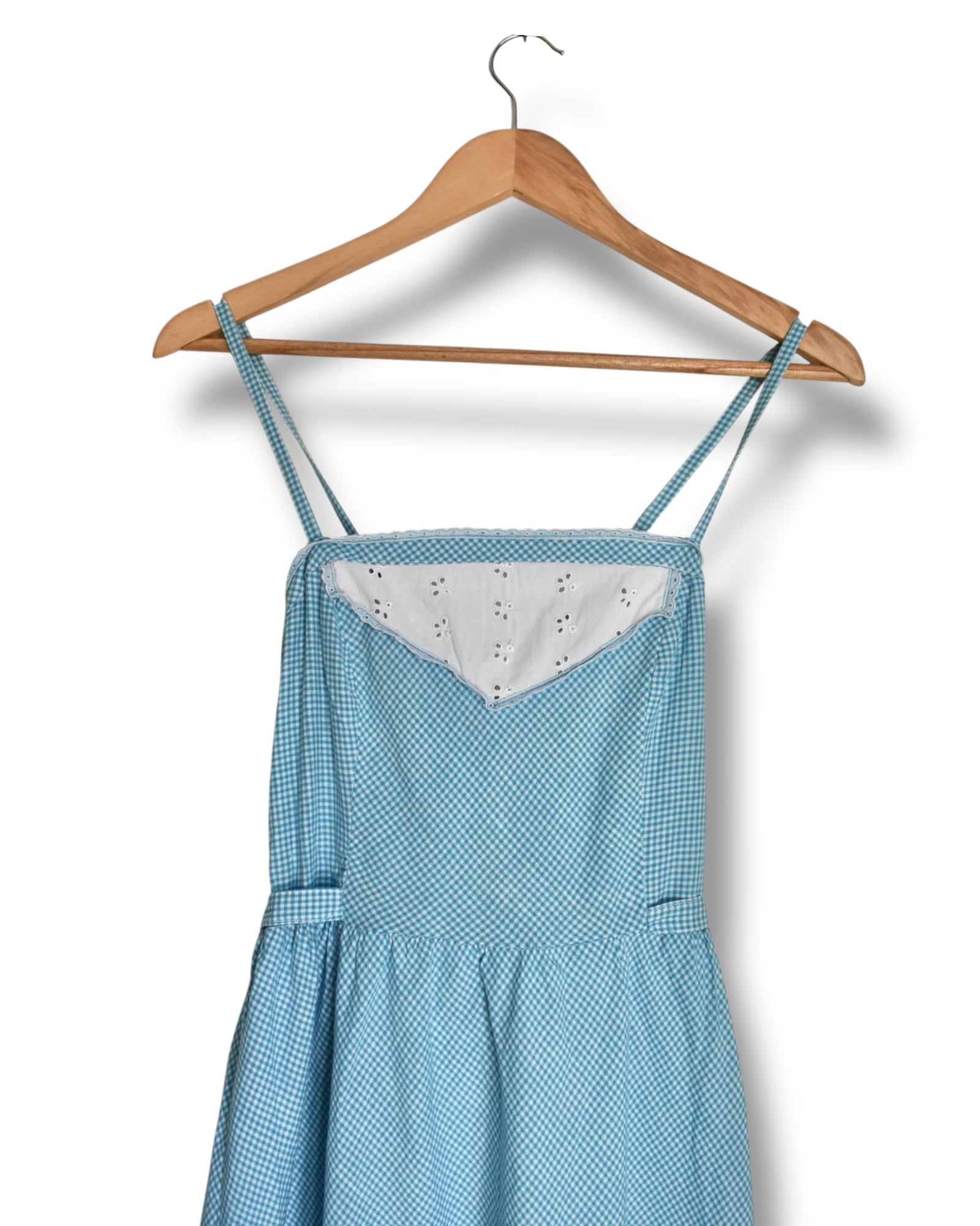 Vintage Blue Gingham Cotton Dress with Eyelet Trim