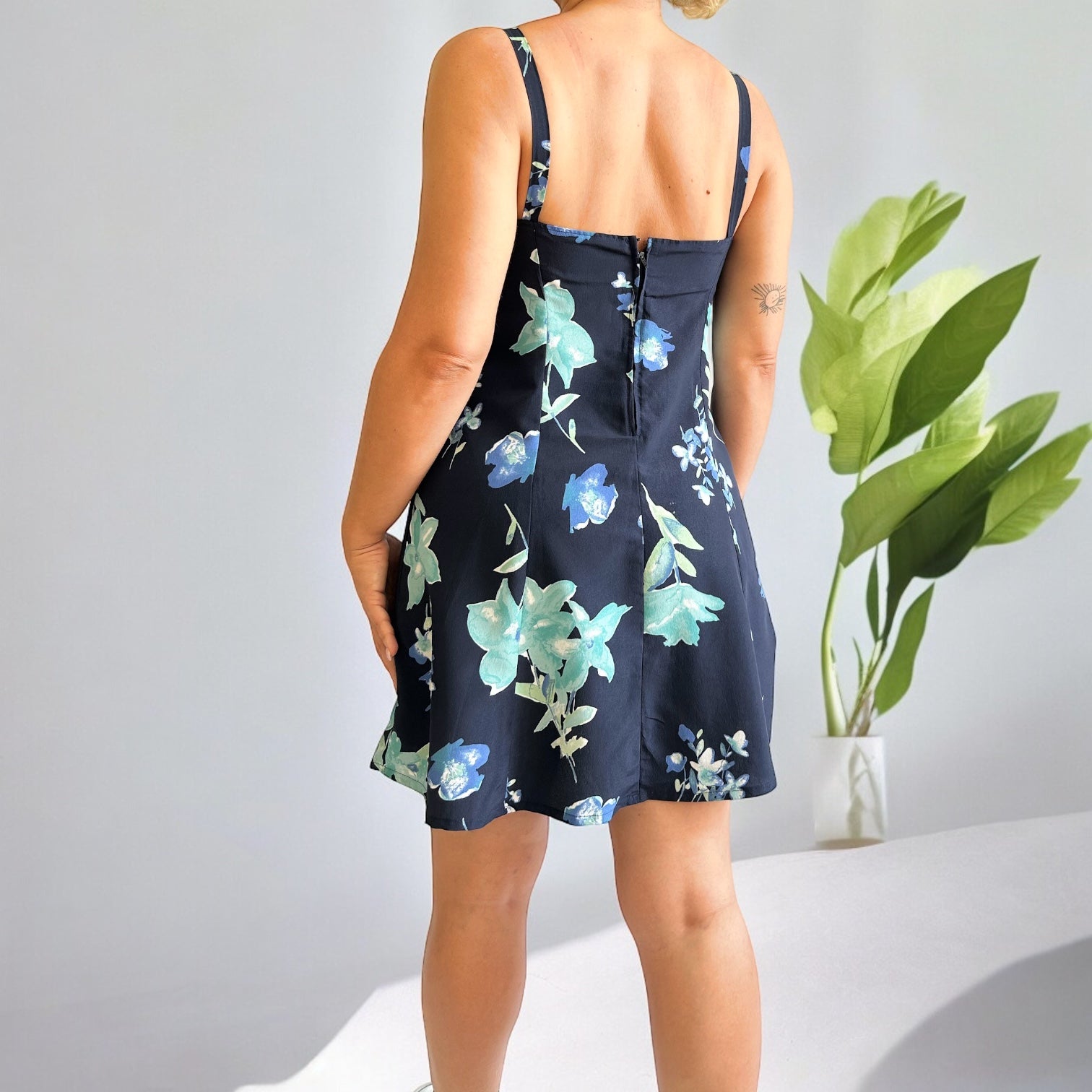 Vintage Handmade Dark Blue Floral Mini Dress