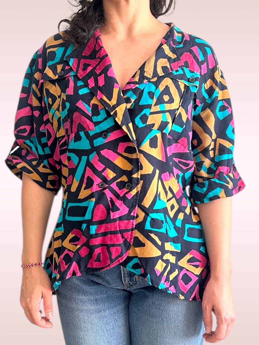 Vintage Geometric Peplum Safari Blouse
