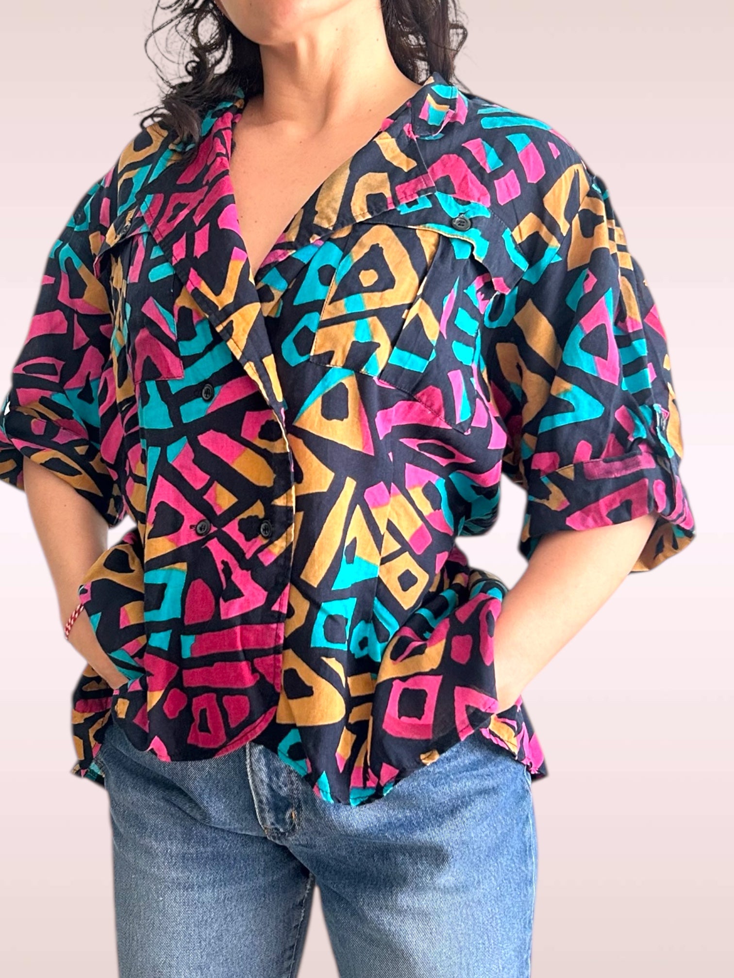 Vintage Geometric Peplum Safari Blouse
