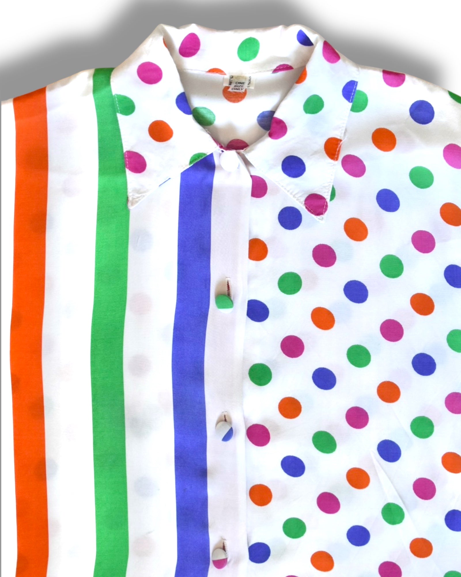 Short-Sleeve Button-Up Shirt with Colorful Stripes & Polka Dots