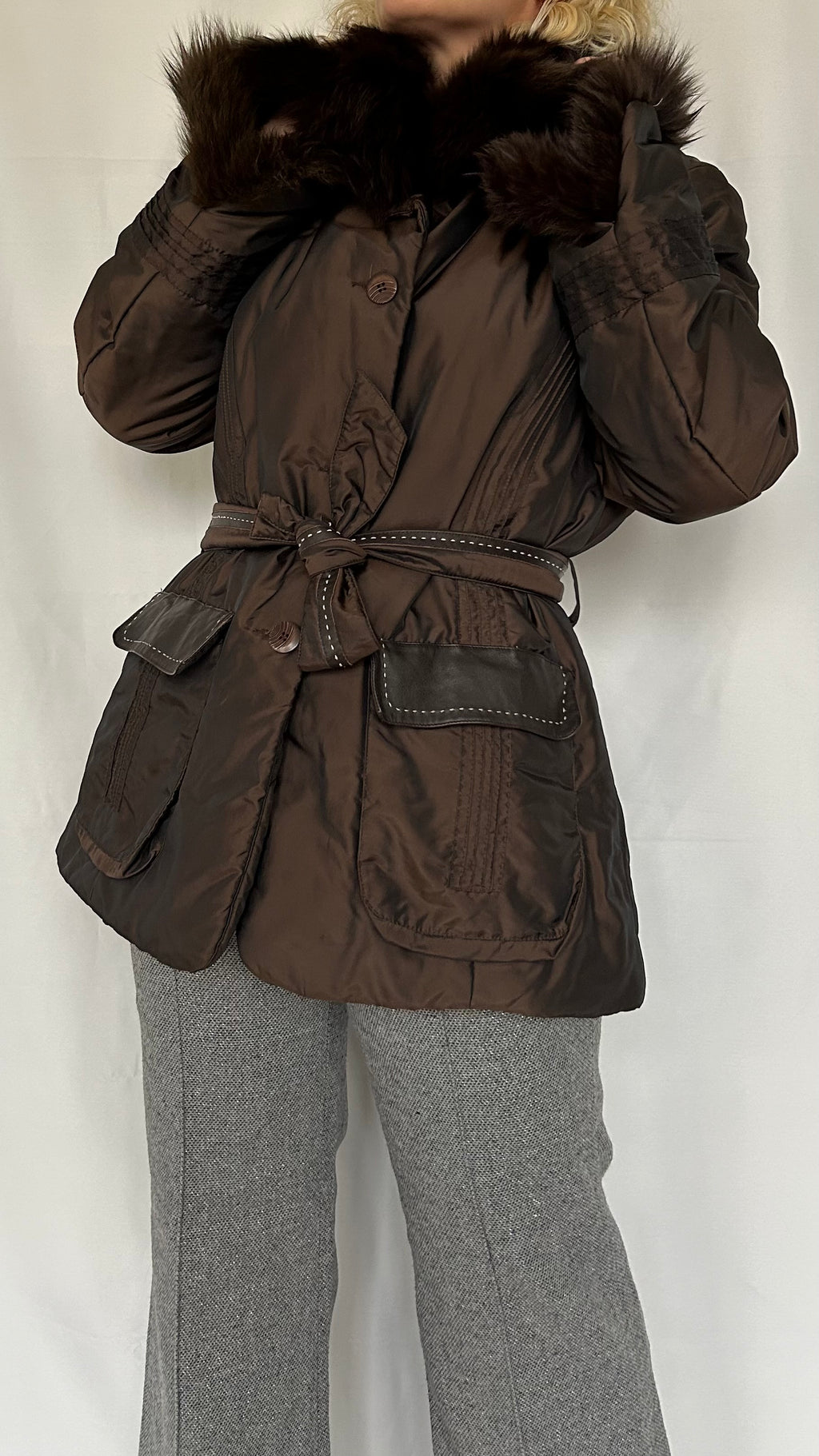 Vintage 2000s Brown Nylon Puffer Coat with Real Fox Fur Collar & Cuffs