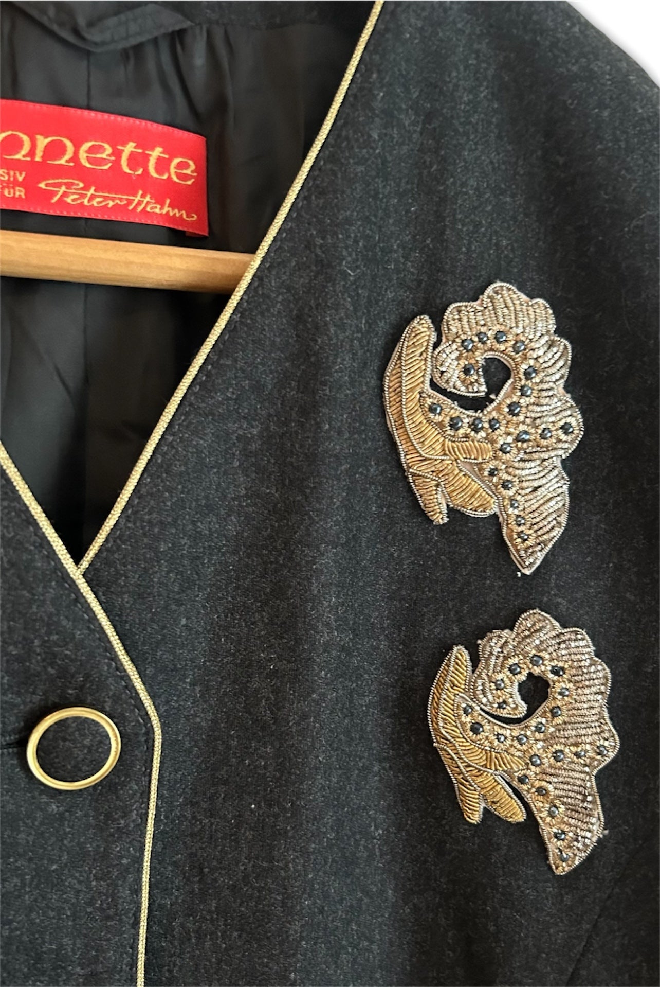 Vintage Dark Grey Blazer – Gold Trim & Beaded Detail