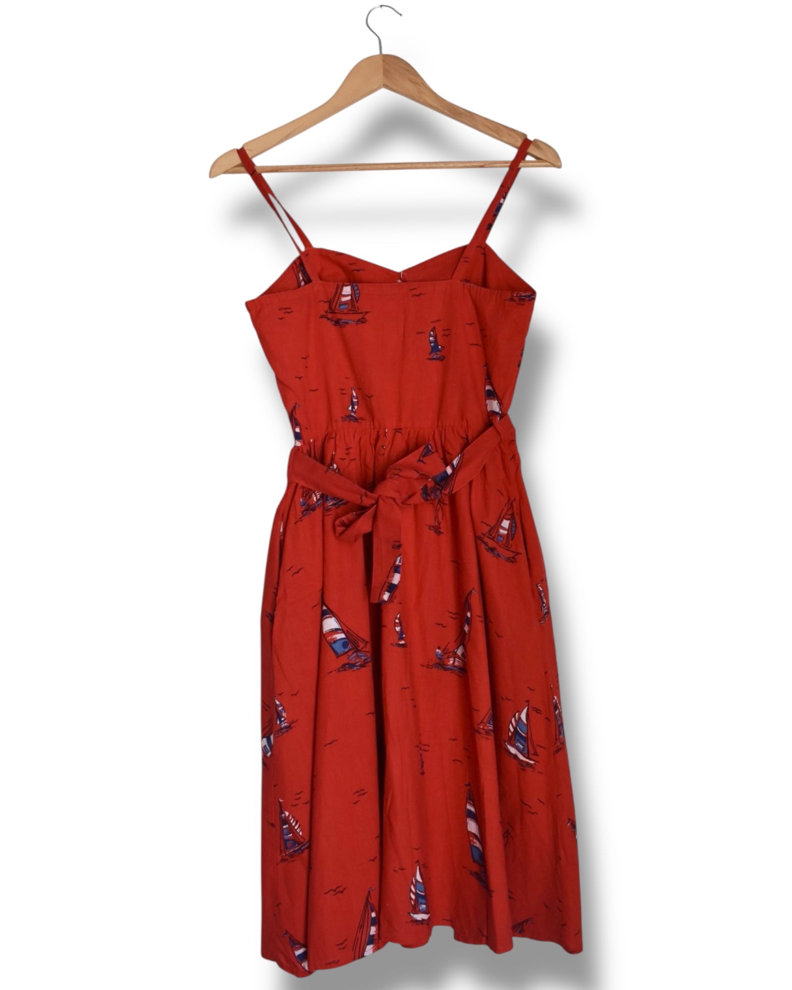 Vintage 80s Red Sailboat Print Midi Dress | Sweetheart Neckline