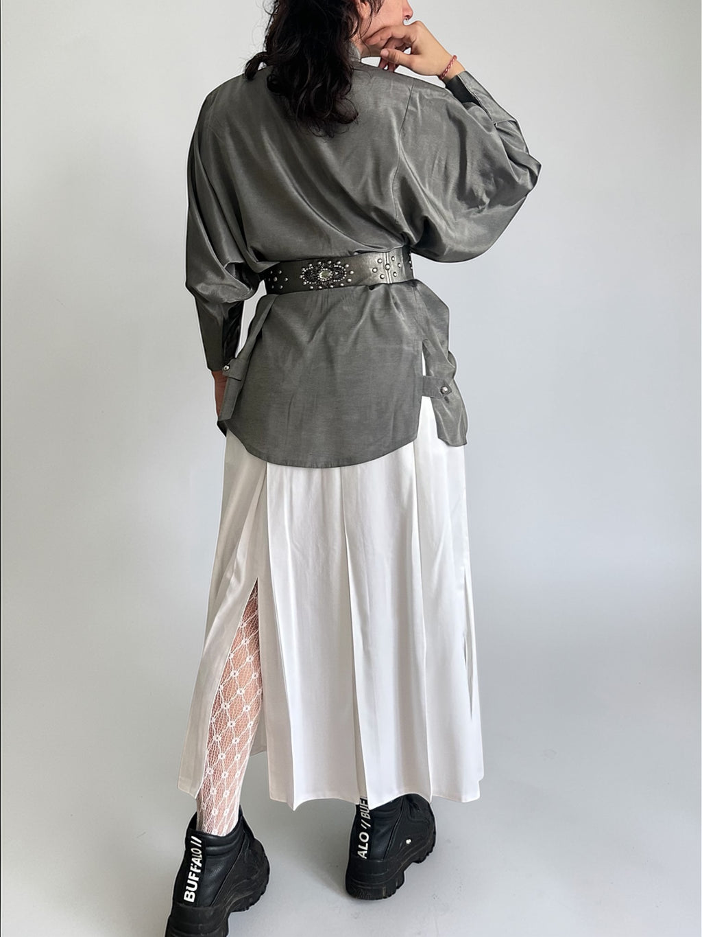 Vintage Multi-Slit Pleated Midi Skirt