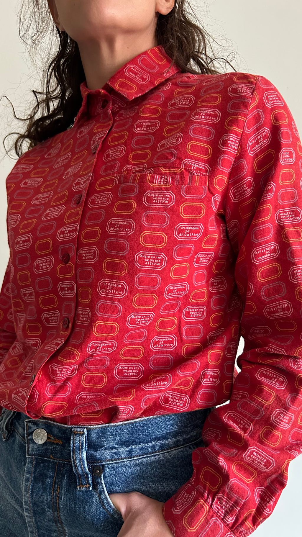 Vintage Red Flannel Shirt with Hexagonal Print