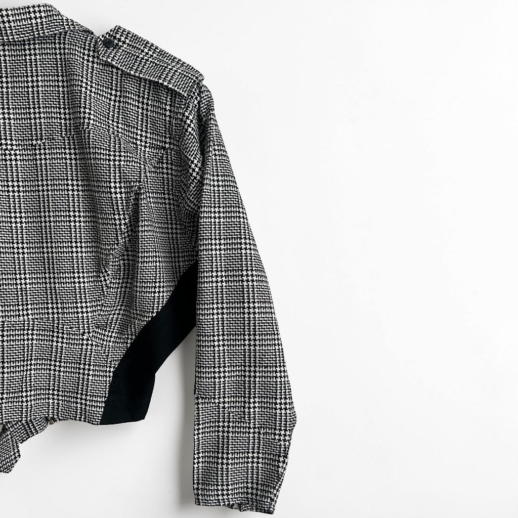 80s Houndstooth Plaid Moto Jacket • Padded Shoulders • Belted Waist