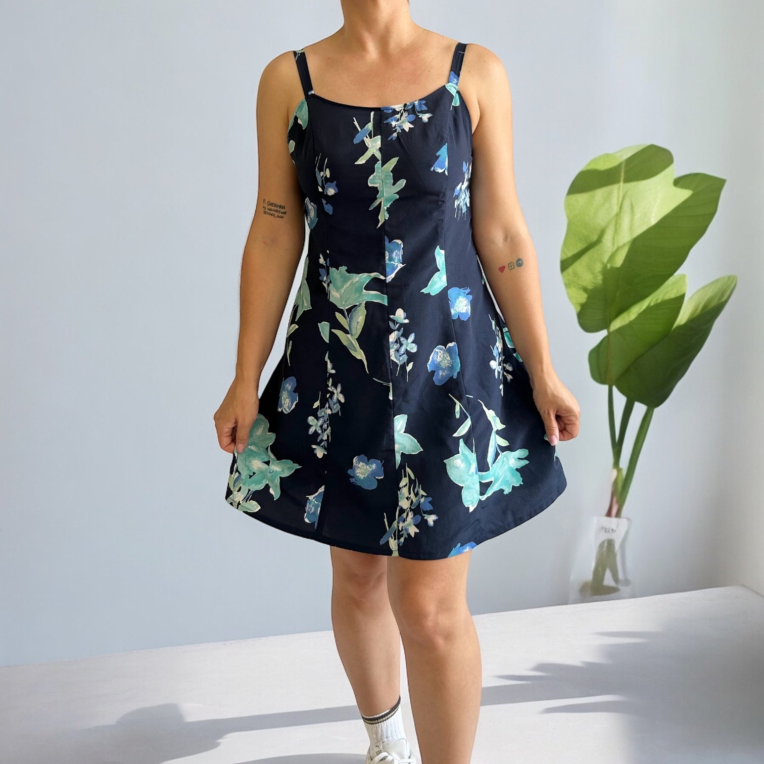 Vintage Handmade Dark Blue Floral Mini Dress
