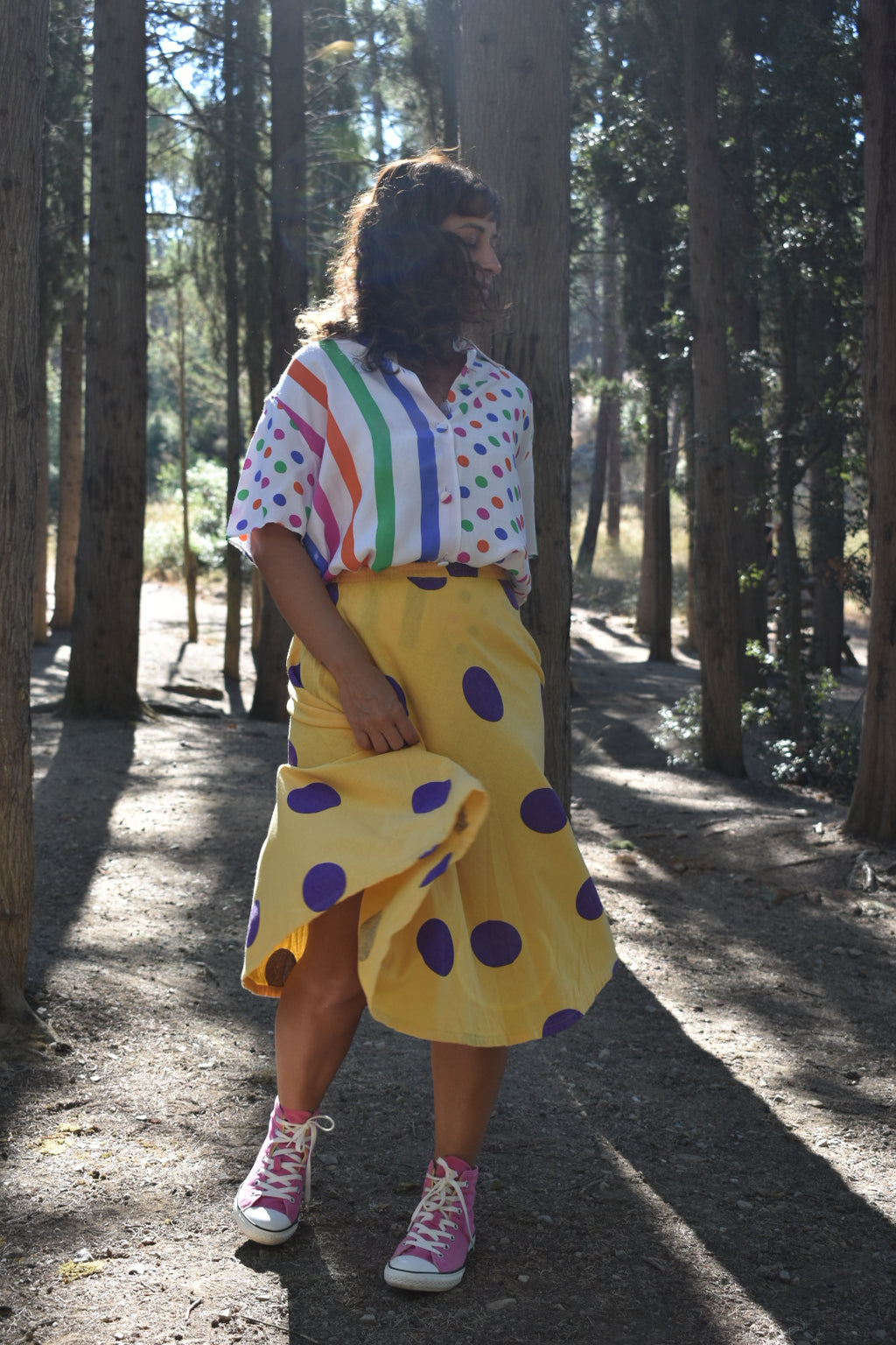 Short-Sleeve Button-Up Shirt with Colorful Stripes & Polka Dots