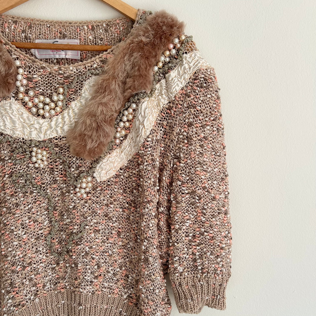 Handmade Pearl & Faux-Fur Details Sweater