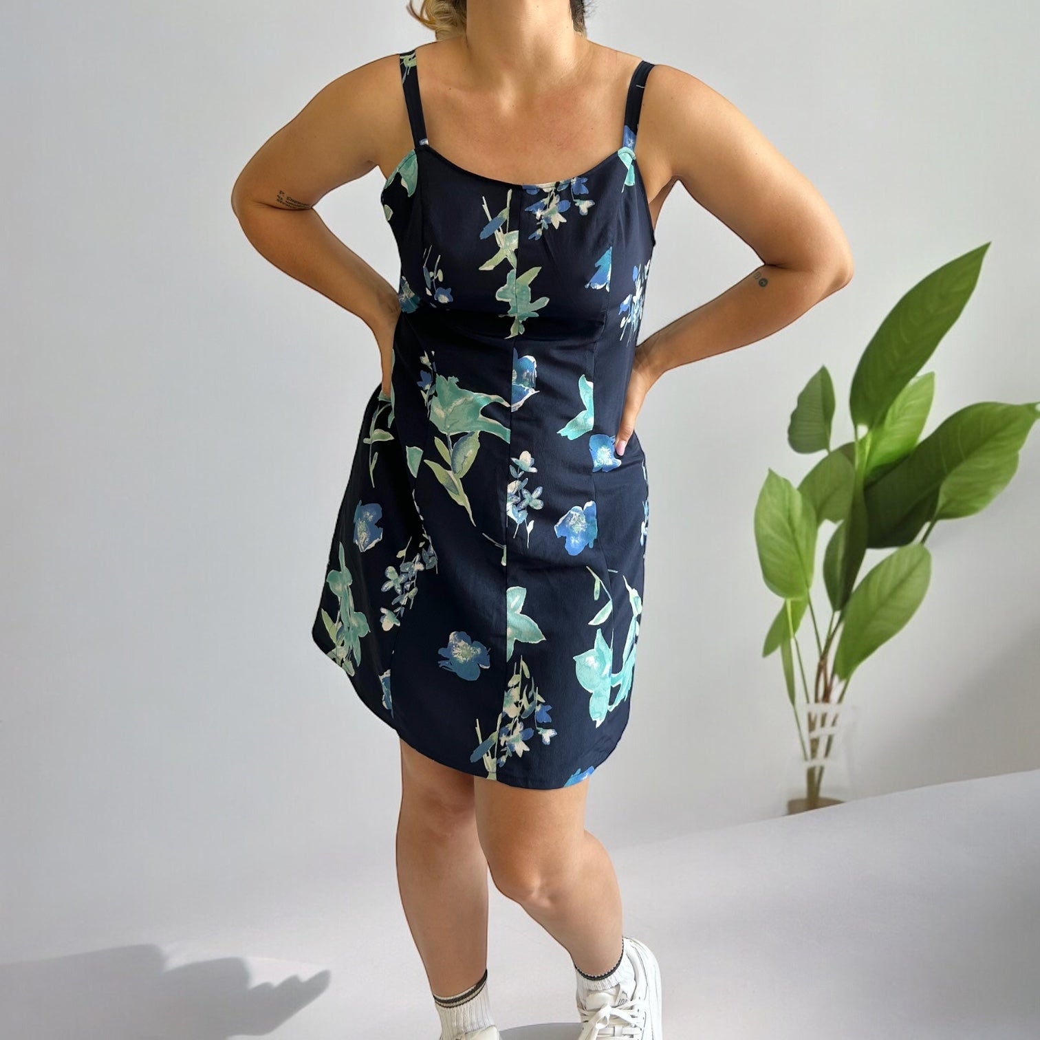 Vintage Handmade Dark Blue Floral Mini Dress