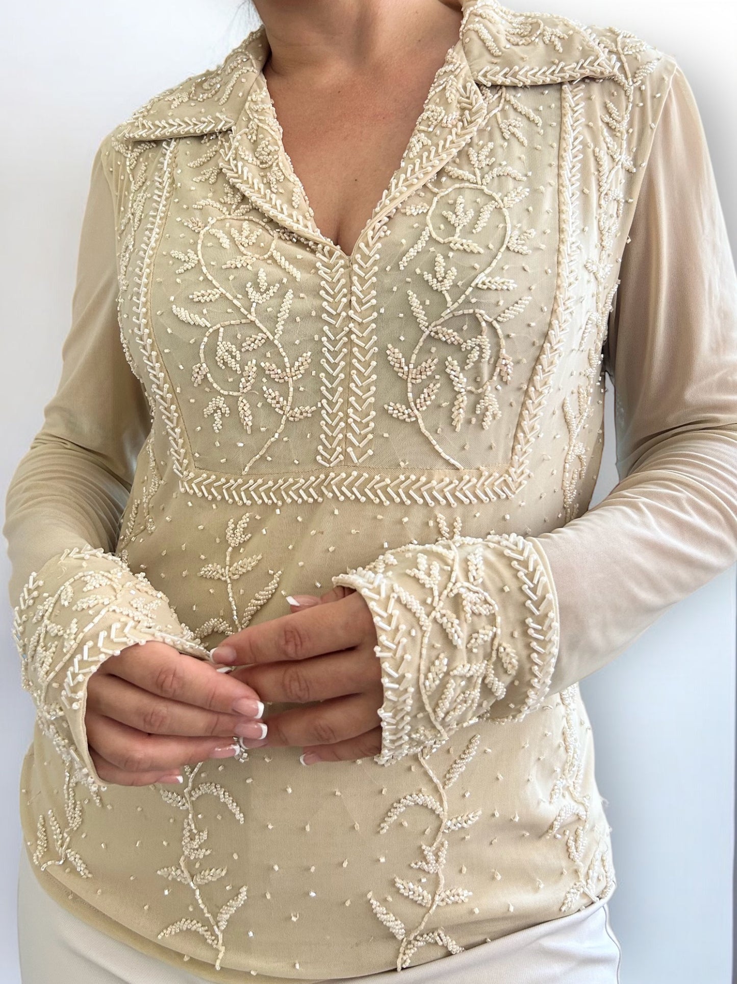 Vintage See Through Beaded Long Sleeve Shirt