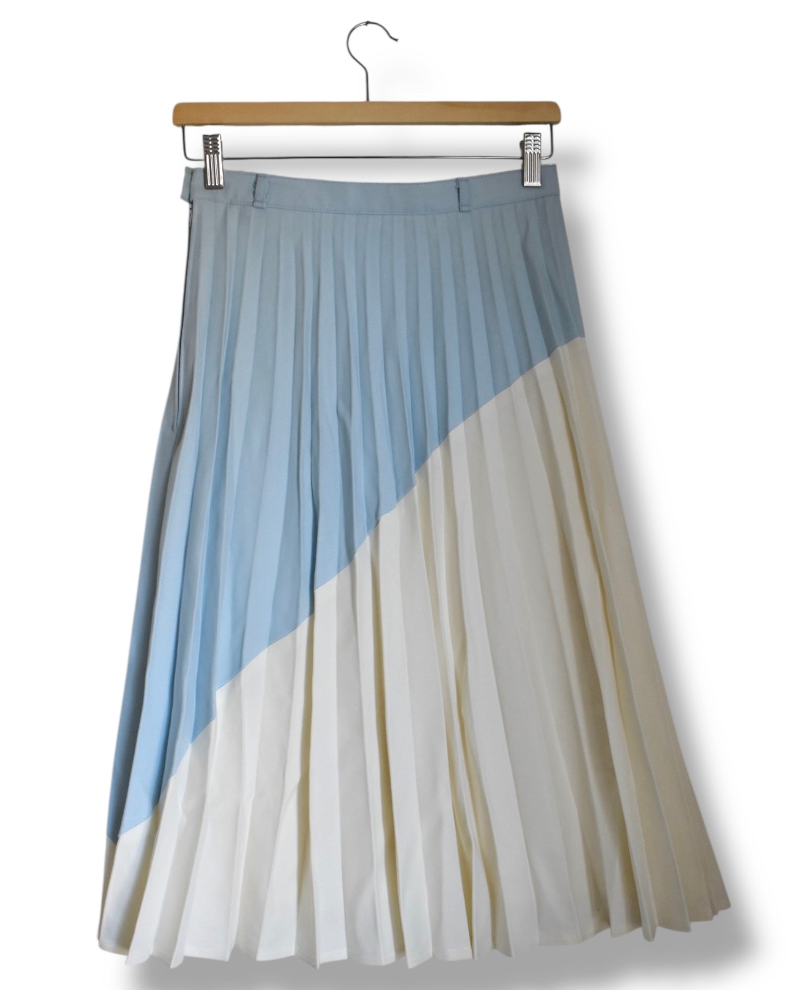 Vintage 1970s Canda Pleated Midi Skirt – Two-Tone Ecru & Baby Blue