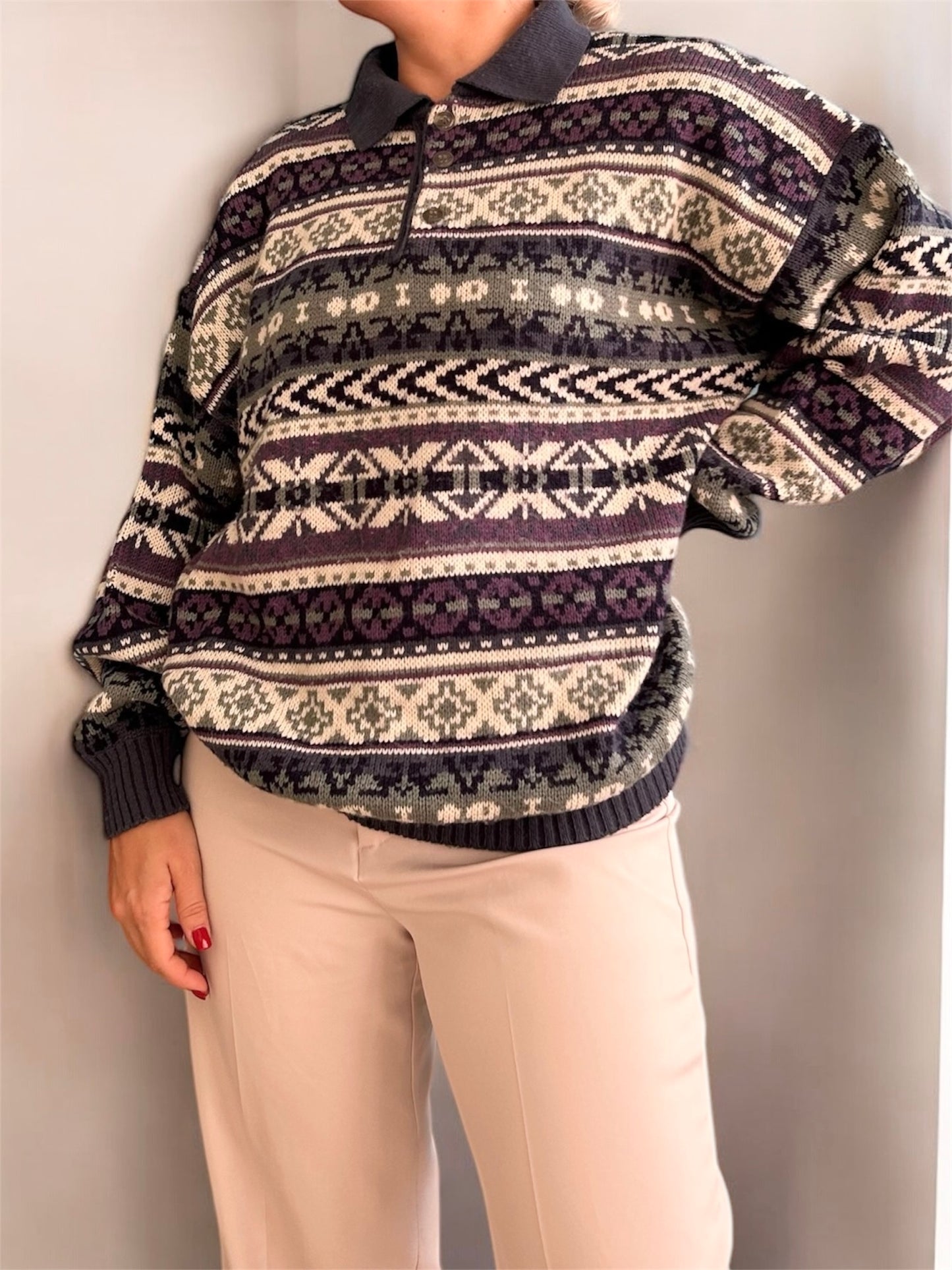 Vintage Patterned Polo Sweater