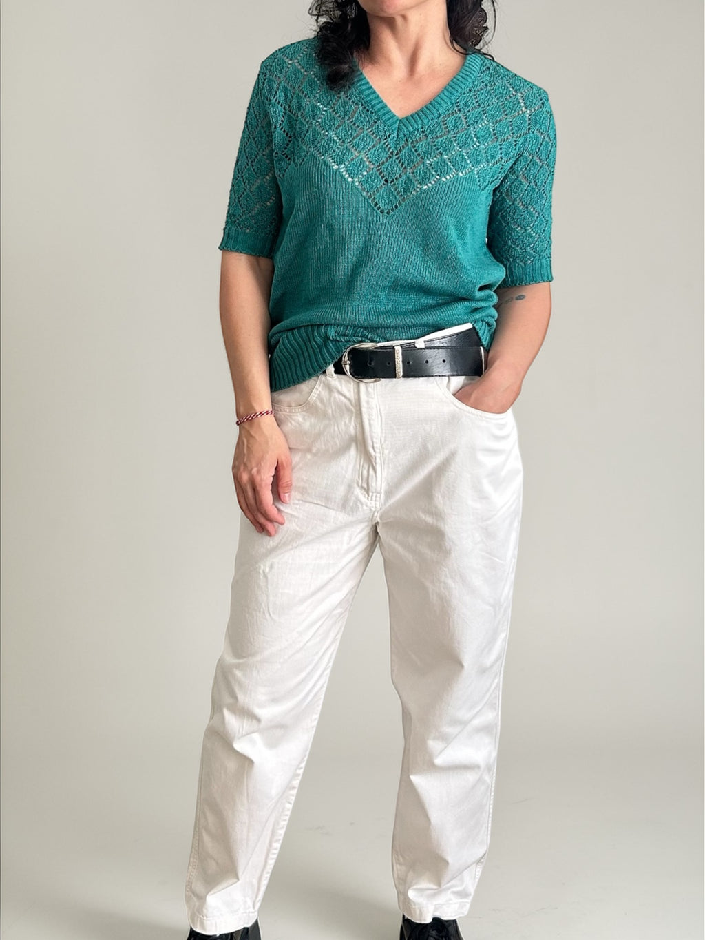 80s Green Pointelle Knit Top • Short Sleeve V-Neck