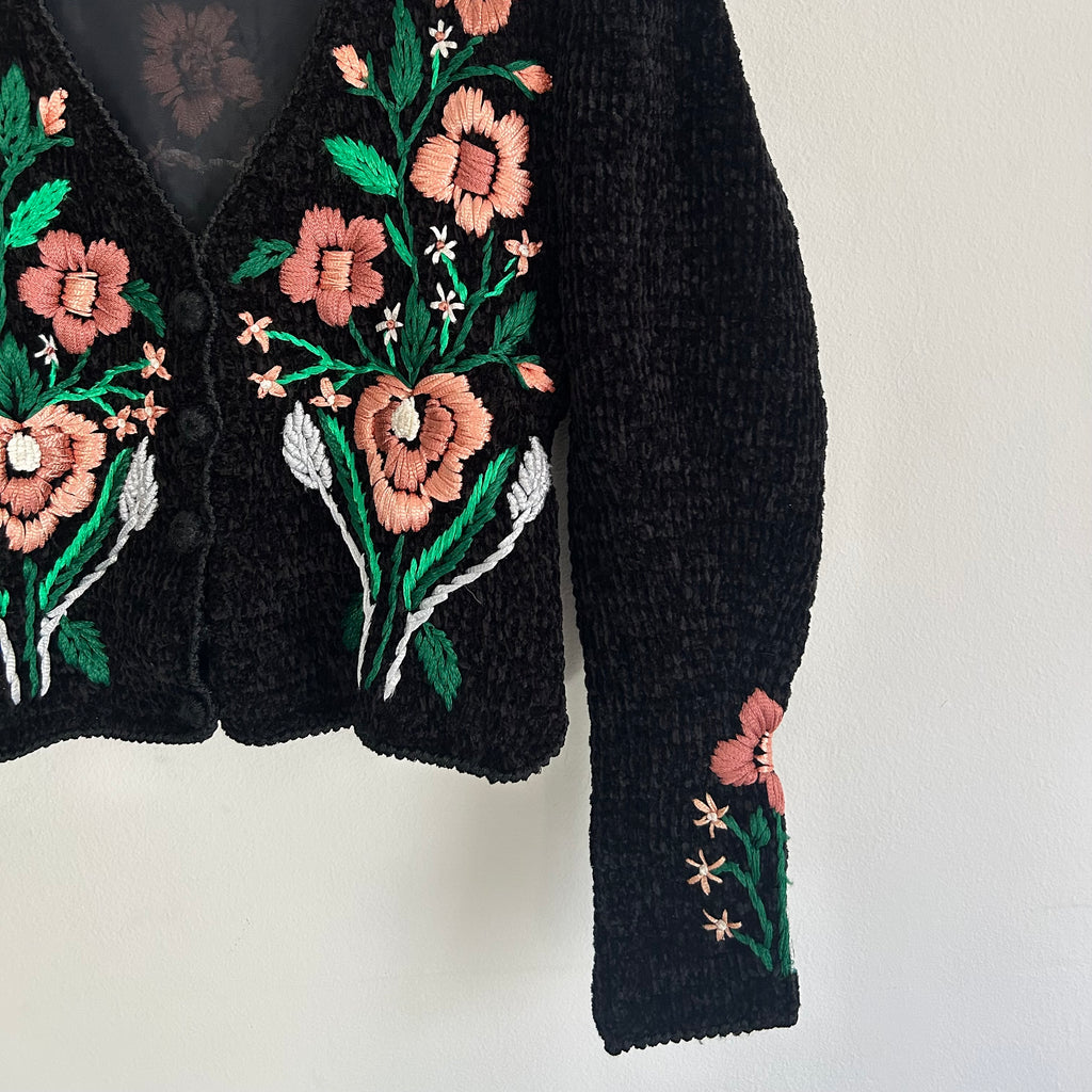Handmade Black Chenille Floral Cardigan