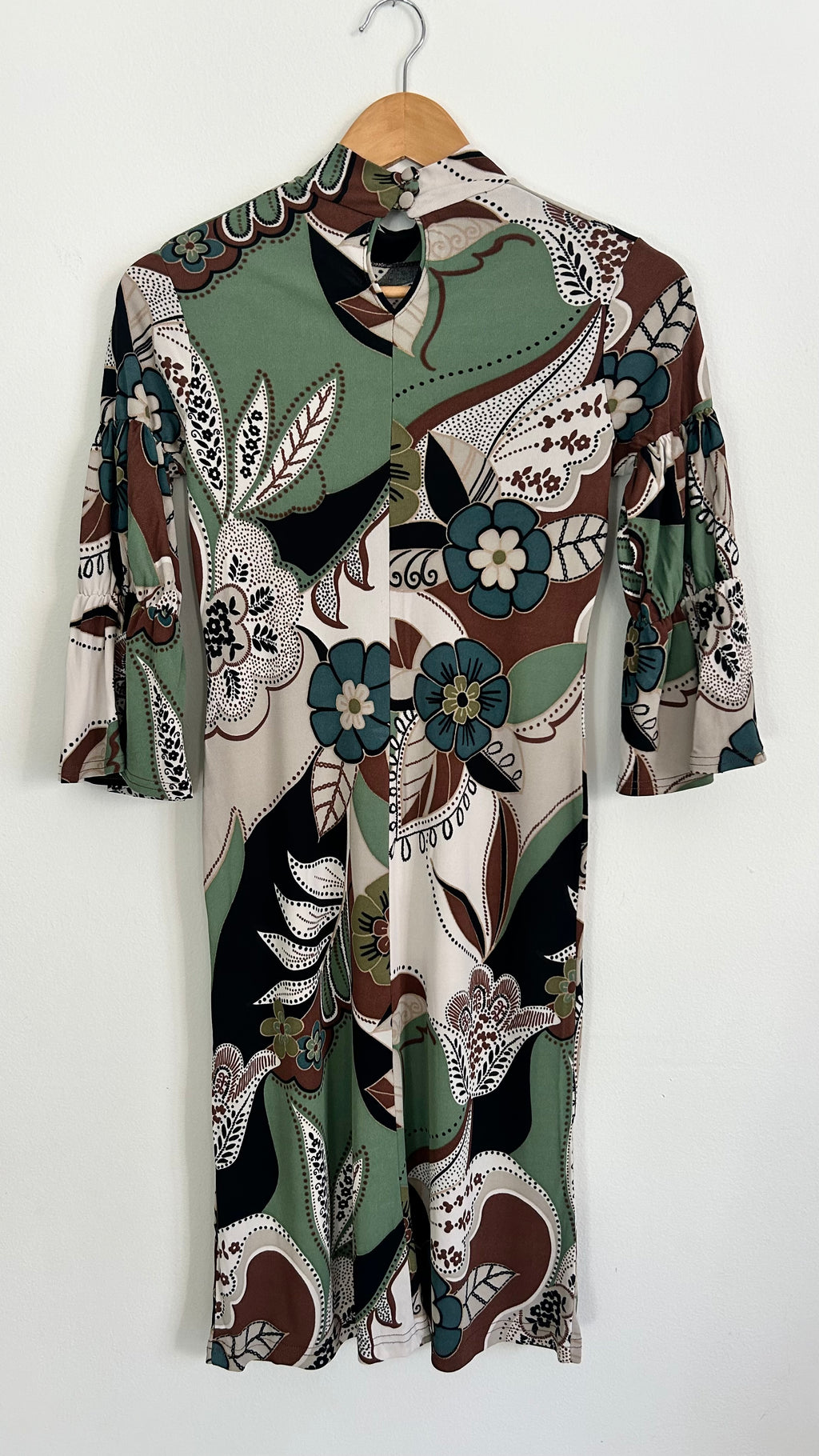 Y2K Dress – 100% Rayon – Green, Brown & White – 3/4 Sleeves