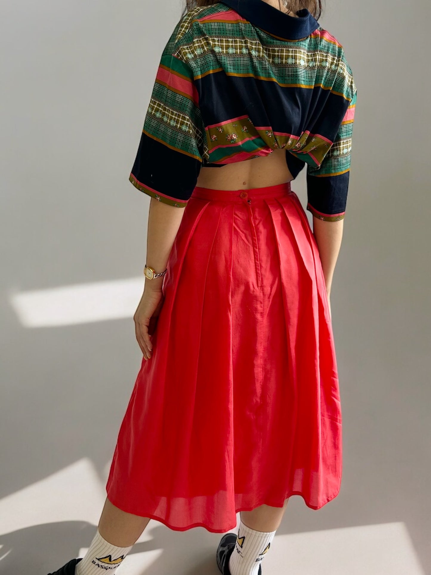 Vintage Pleated Flared Red Midi Skirt