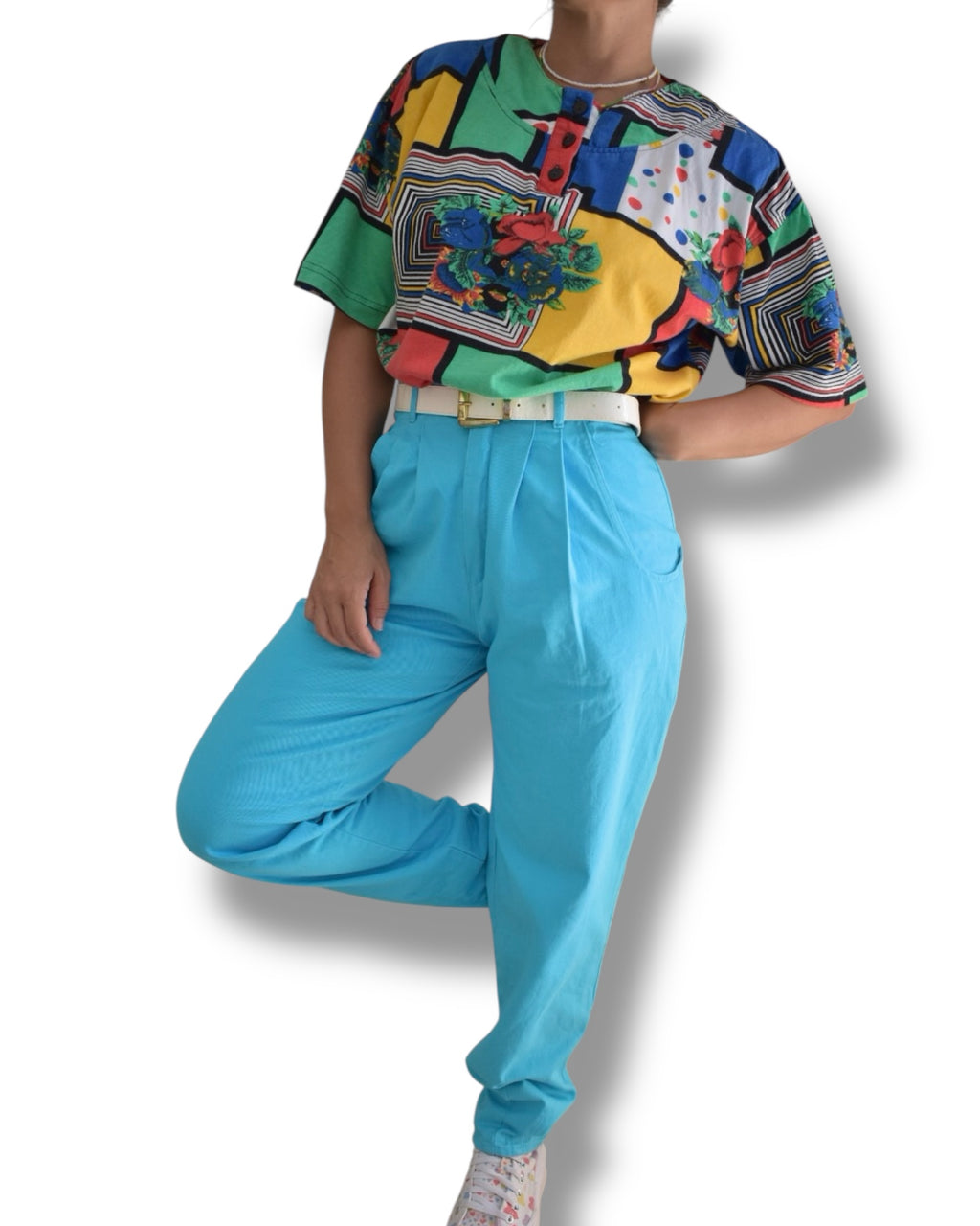 Vintage T-Shirt – Color Block & Pattern Mix with Shoulder Pads