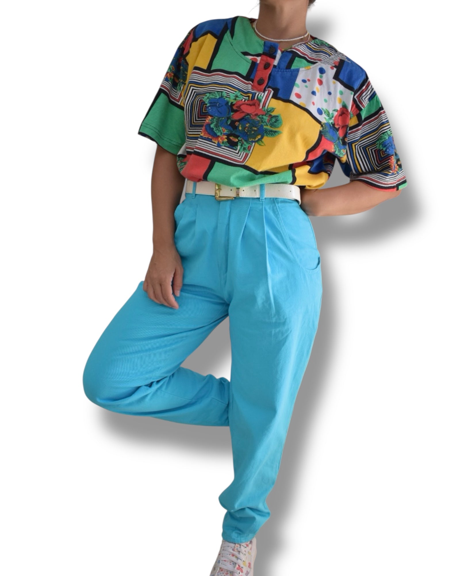 Vintage T-Shirt – Color Block & Pattern Mix with Shoulder Pads