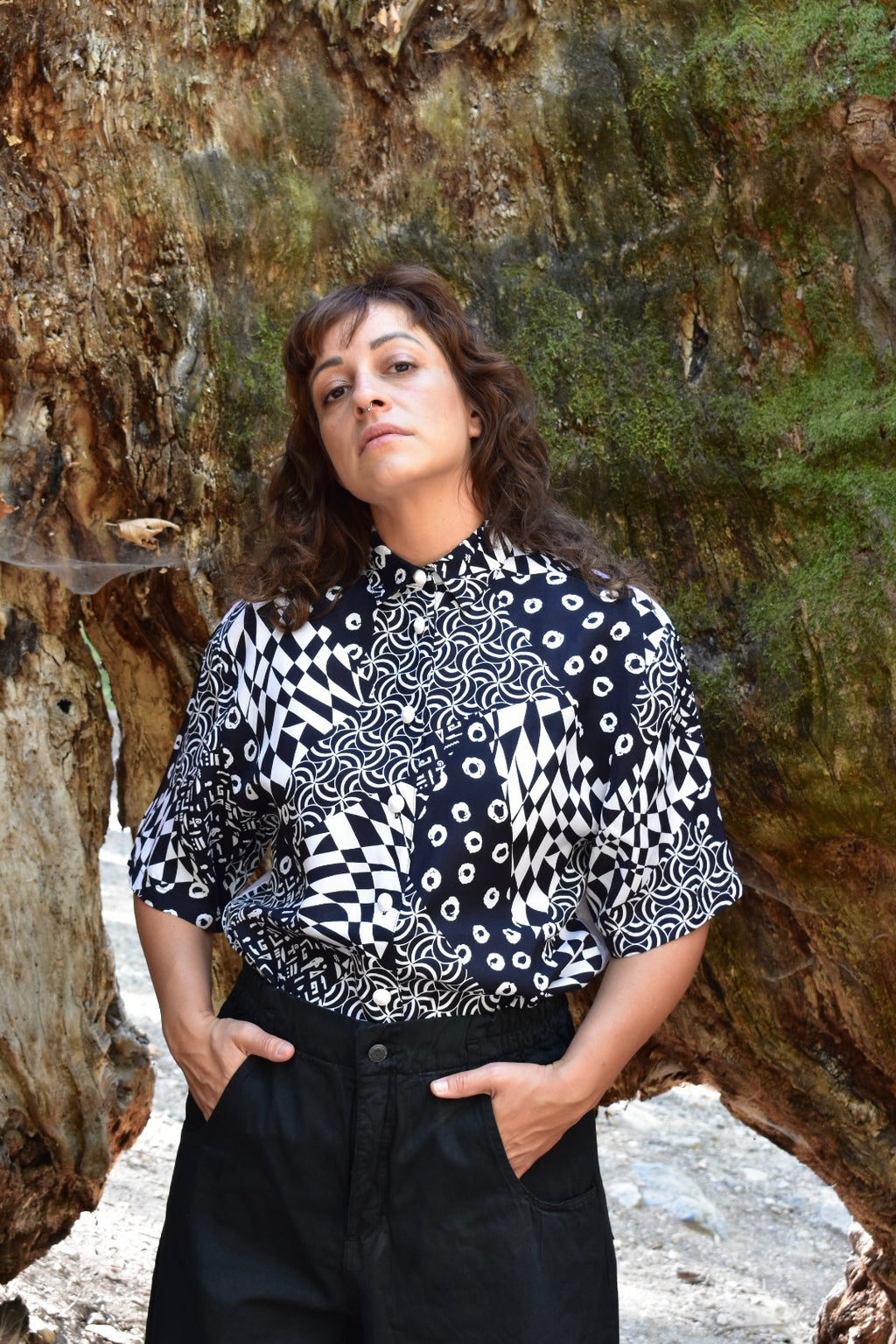 Vintage Button-Up Shirt (Abstract Black & White Print)