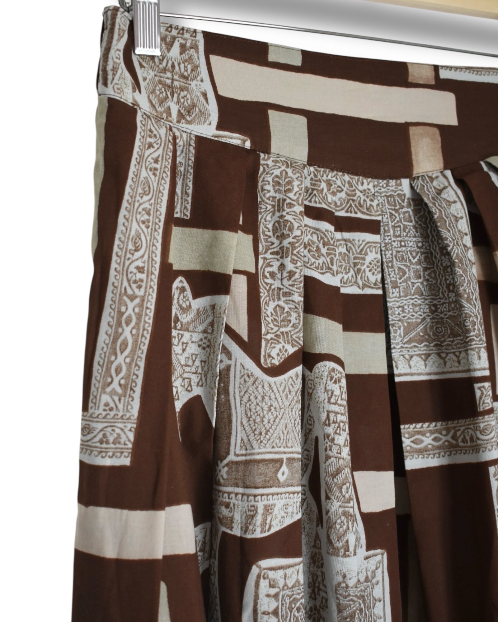 80s/90s Boho Midi Skirt – Brown Geometric & Horse Print