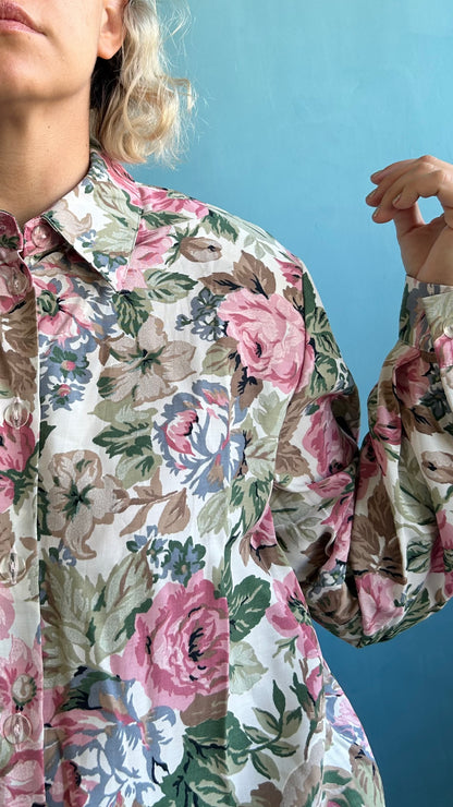 Vintage Floral Long Sleeve Shirt with Shoulder Pads