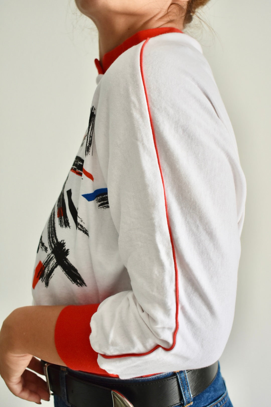 Vintage White 3/4 Sleeve Women’s Shirt with Red Details
