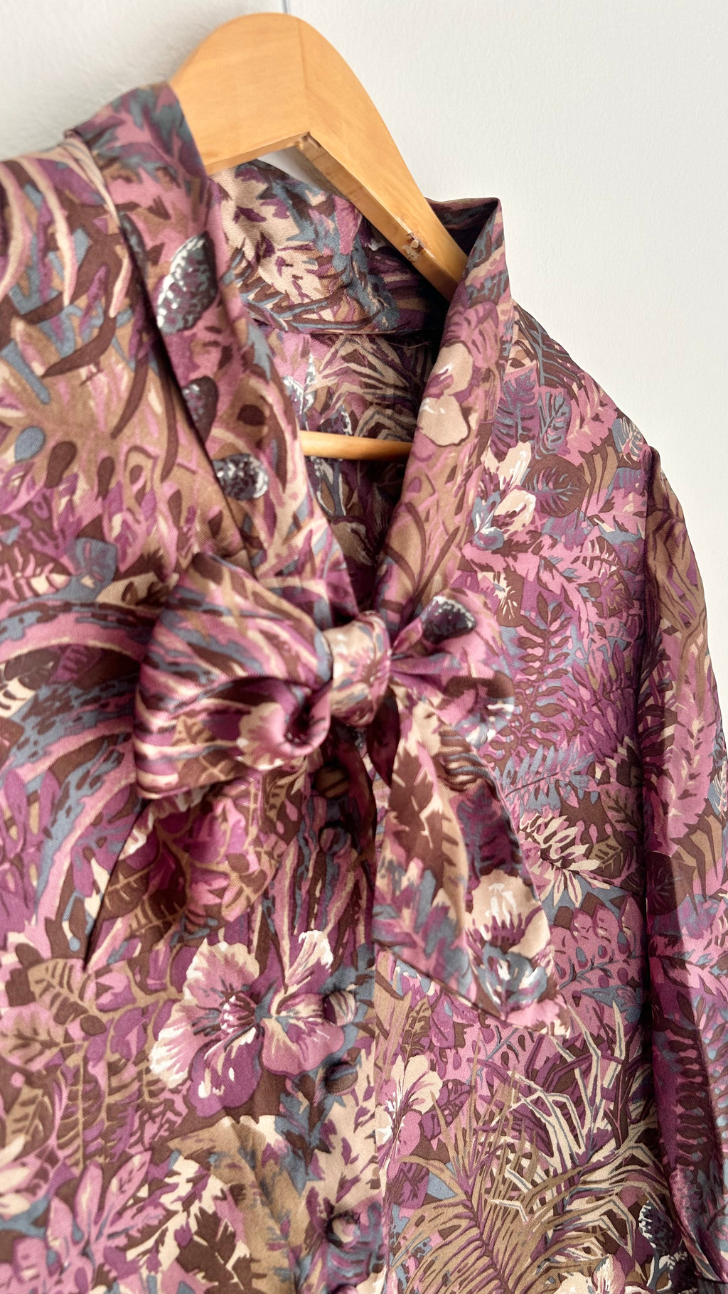 Handmade Long-Sleeve Double-Button Blouse with Neck Tie – Dark Purple Floral