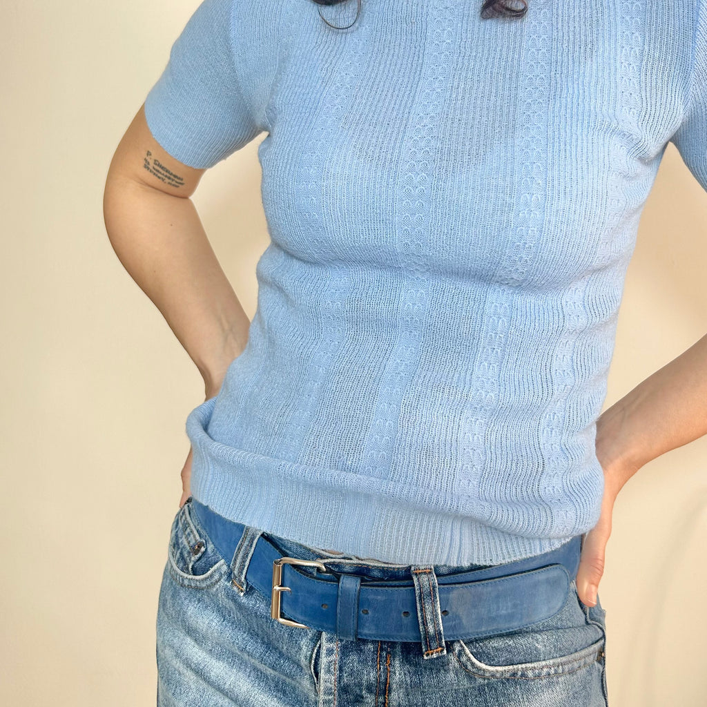 1970s Sky Blue Pointelle Ribbed Knit Top