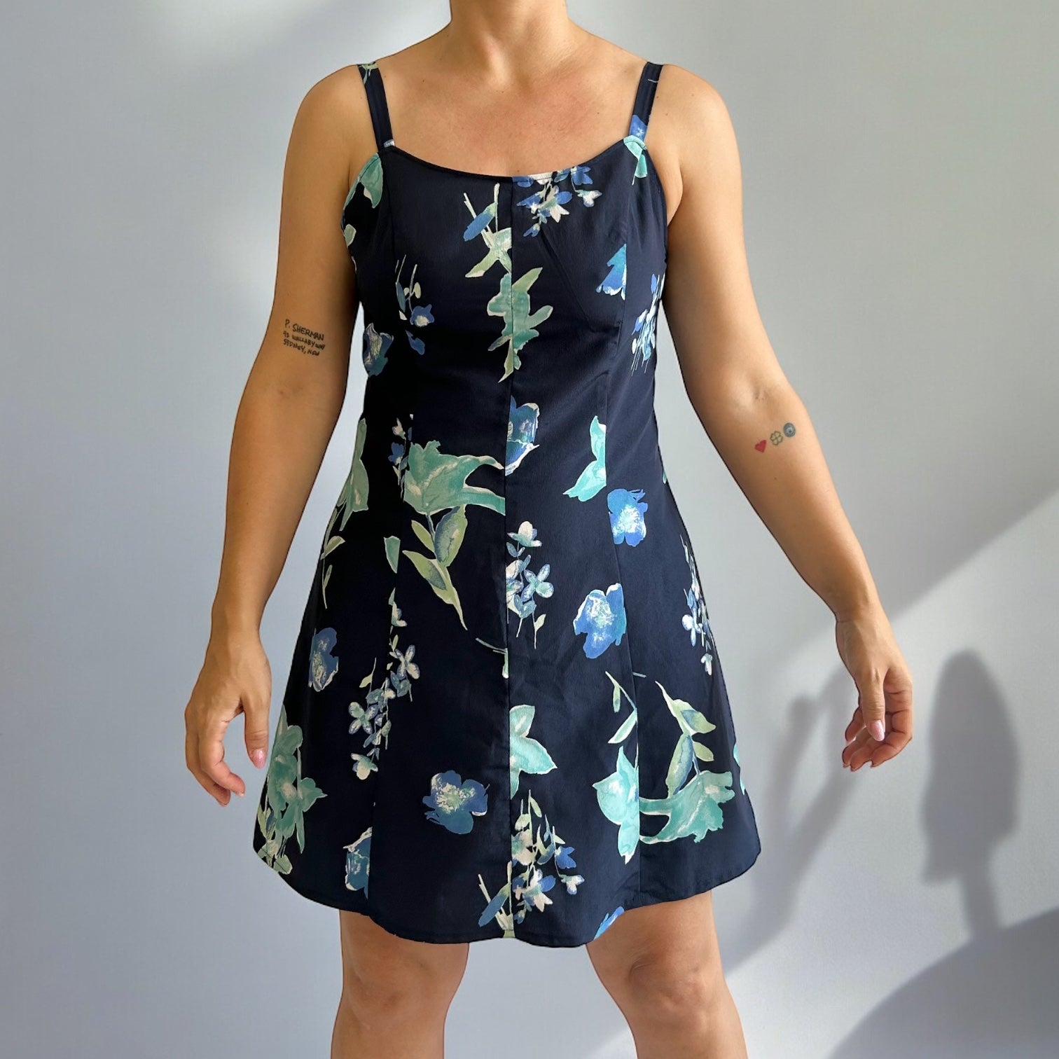 Vintage Handmade Dark Blue Floral Mini Dress