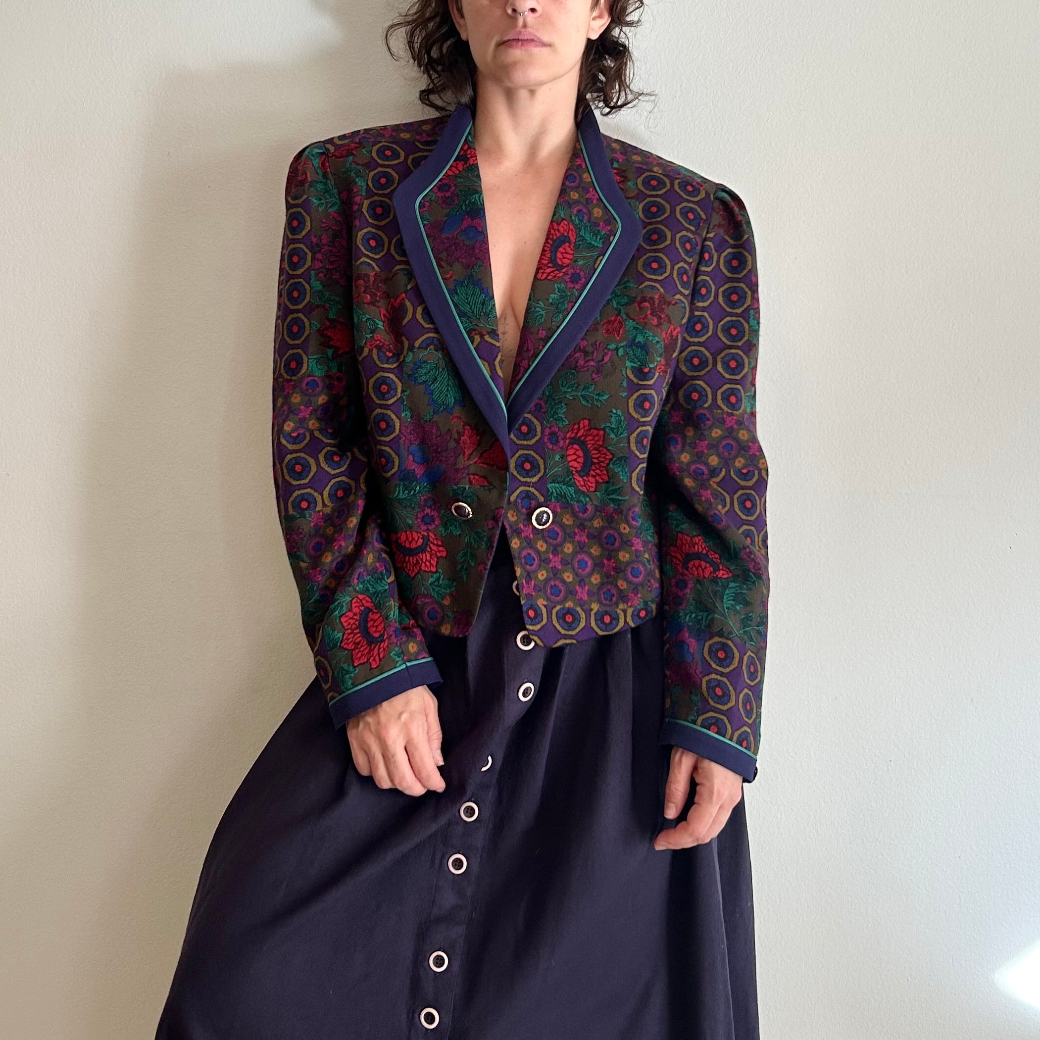 Vintage Maximalist Blazer – Dark Floral & Geometric Motif