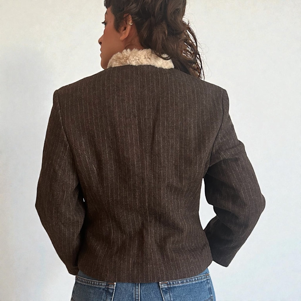 90s Wool Blend Pinstripe Jacket - Faux-Fur Accents