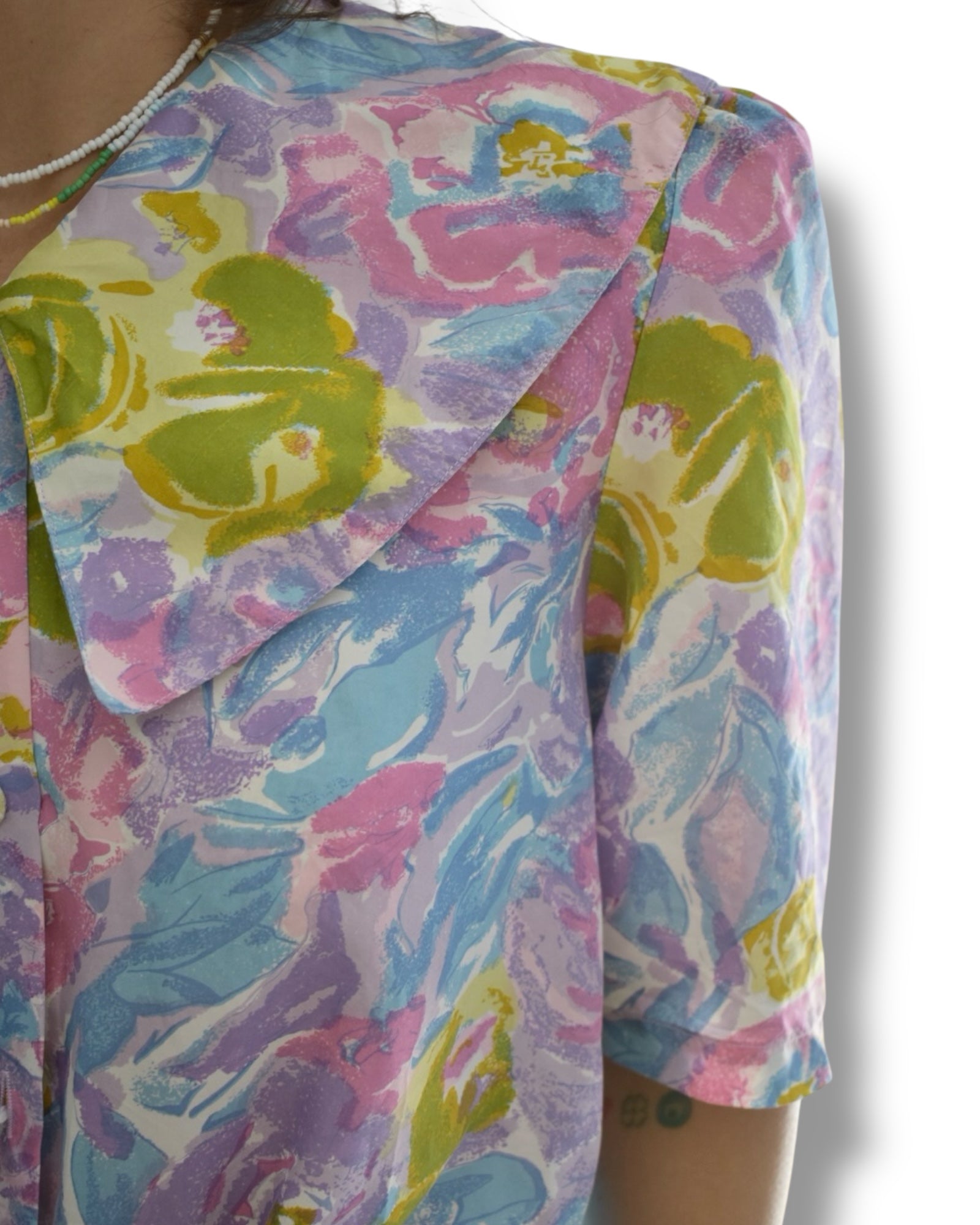 Vintage 1980s Silk Floral Blouse with Oversized Collar