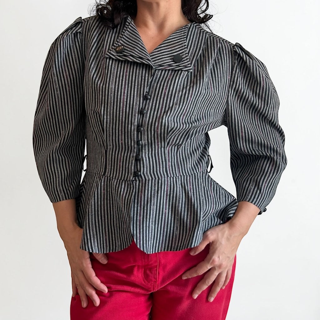 Vintage 80s Striped Peplum Blouse • Puff Sleeves • Metallic Sparkle
