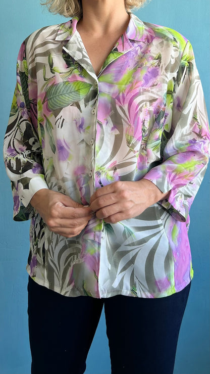 Vintage See Through Floral Blouse with Shoulder Pads