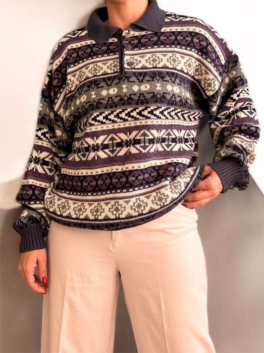 Vintage Patterned Polo Sweater