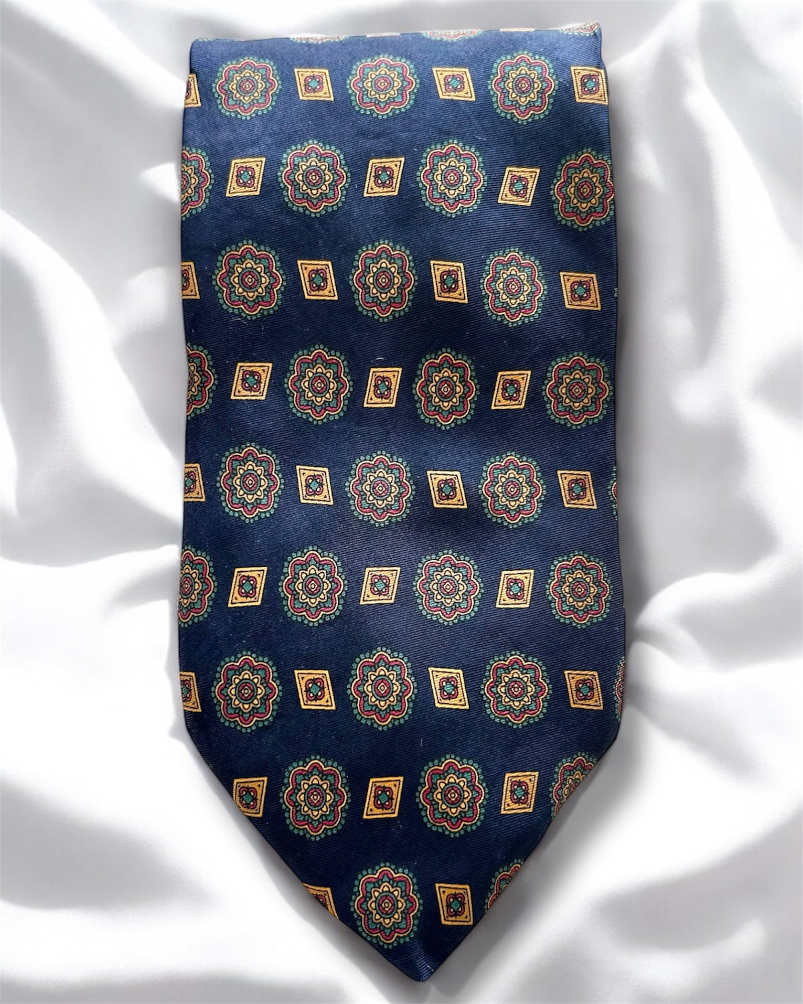 Vintage 100% Silk Tie — Geometric Medallion Pattern