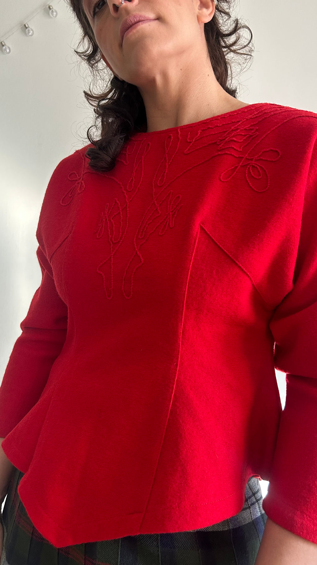 80s Sculptural Red Wool-Blend Blouse