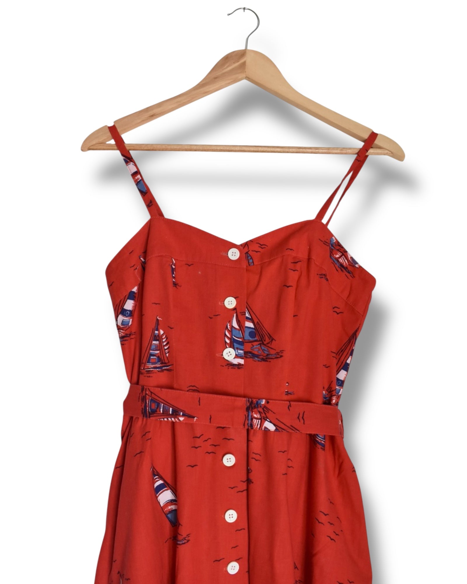 Vintage 80s Red Sailboat Print Midi Dress | Sweetheart Neckline