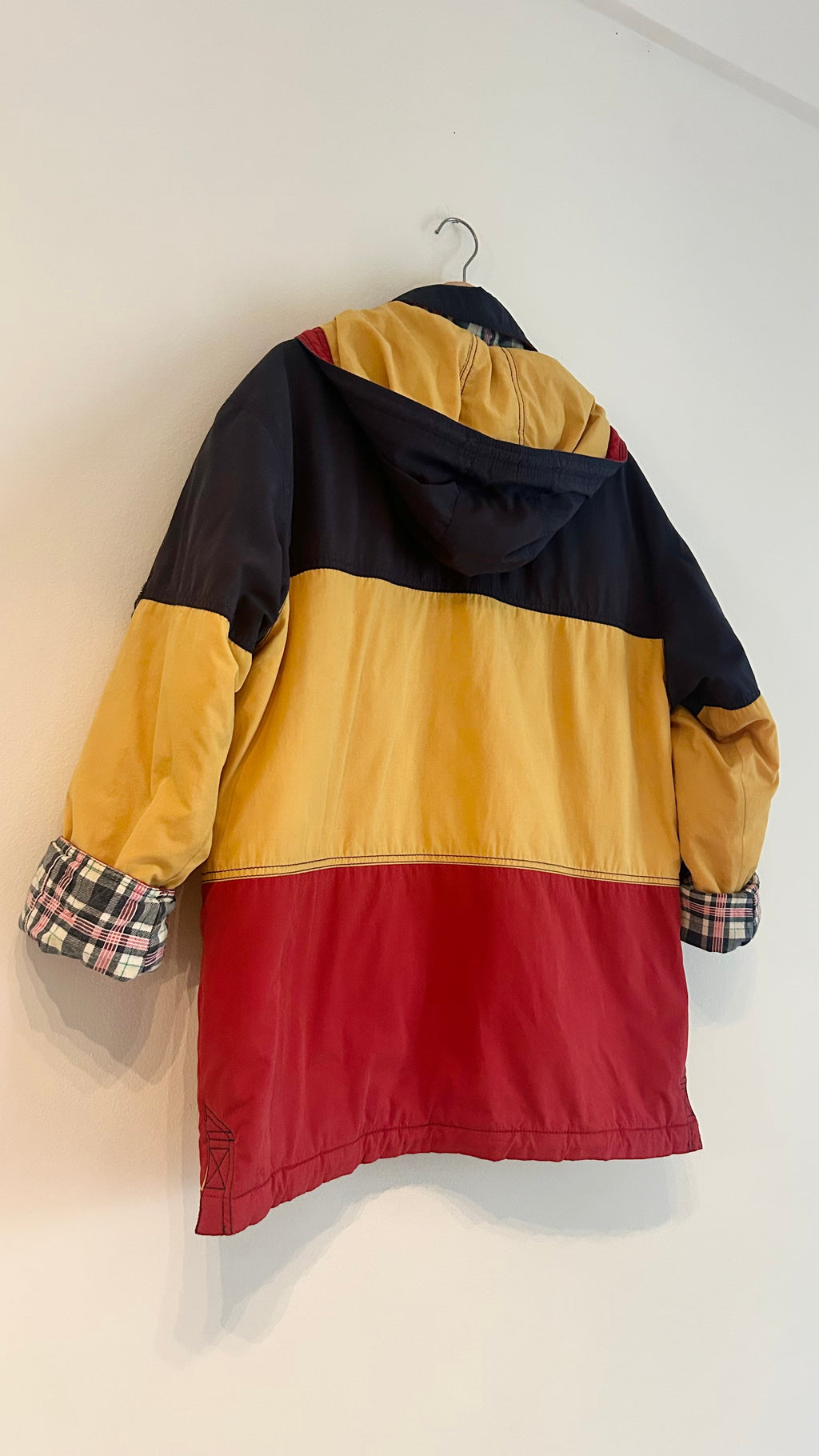 1980s Padded Hooded Jacket – Red, Yellow & Navy – Color Block Coat
