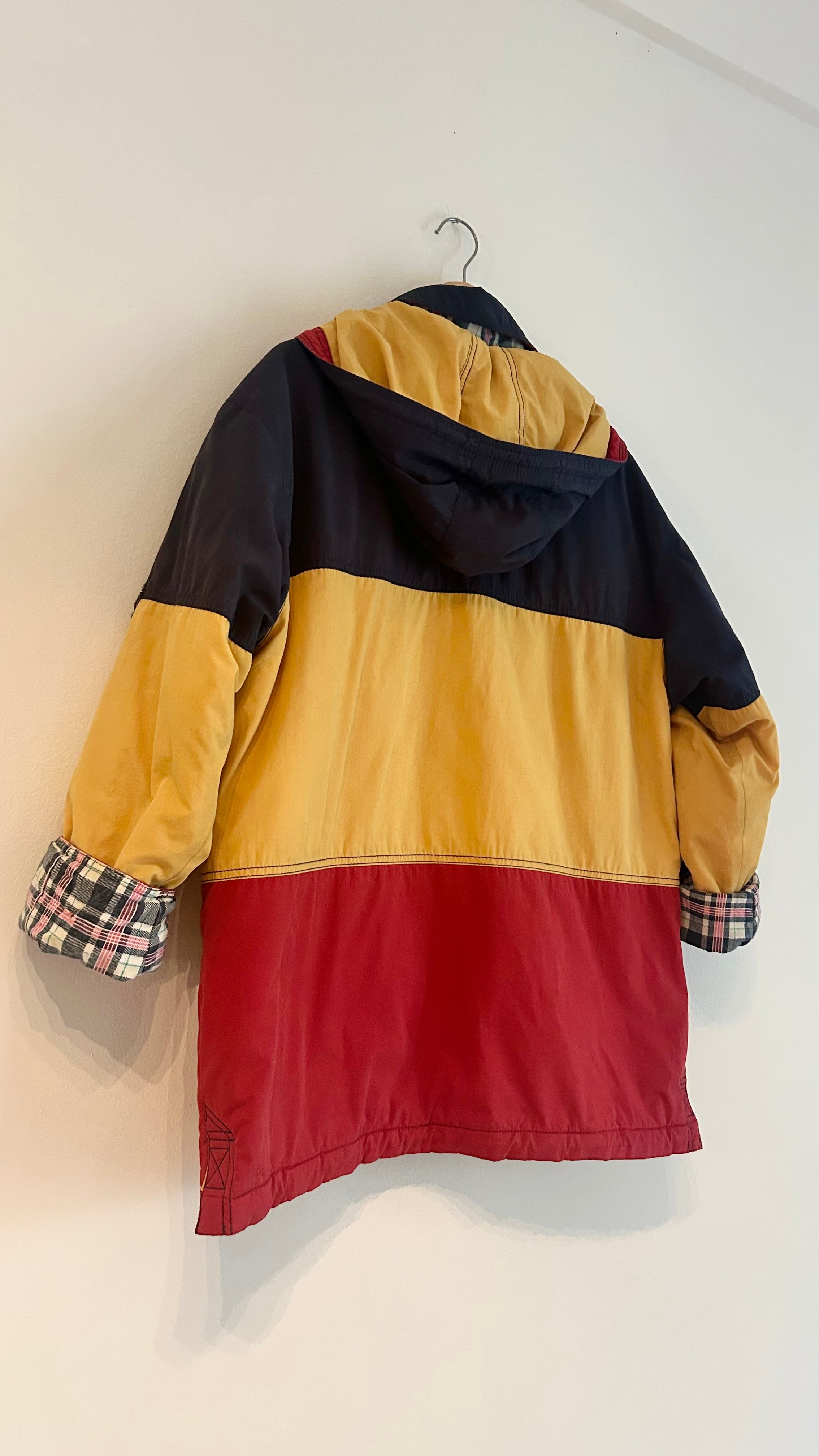 1980s Padded Hooded Jacket – Red, Yellow & Navy – Color Block Coat