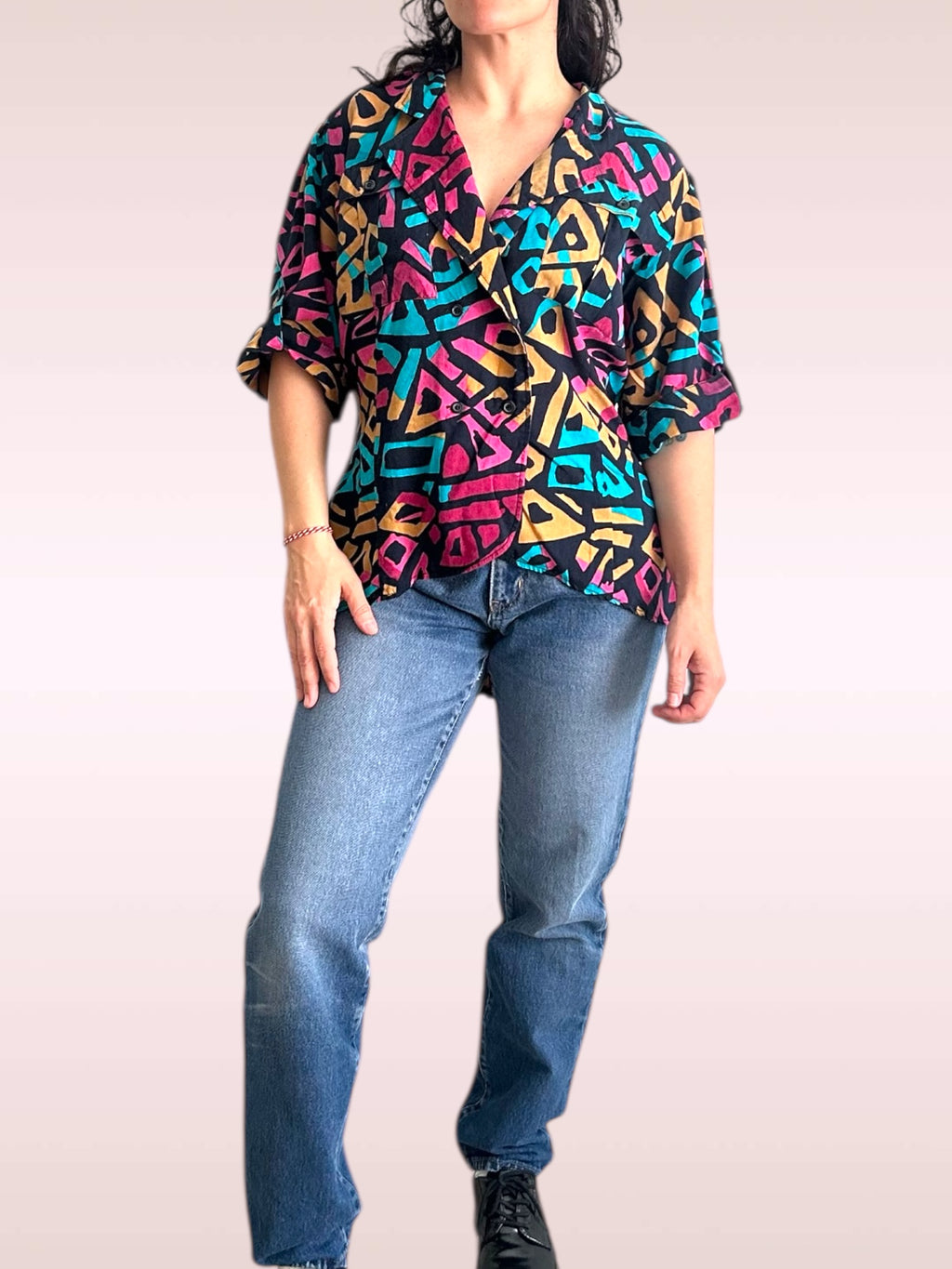 Vintage Geometric Peplum Safari Blouse