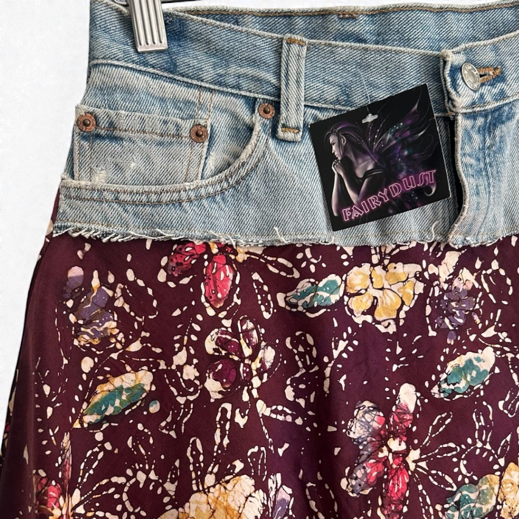 Vintage Y2K Denim & Batik Flare Skirt