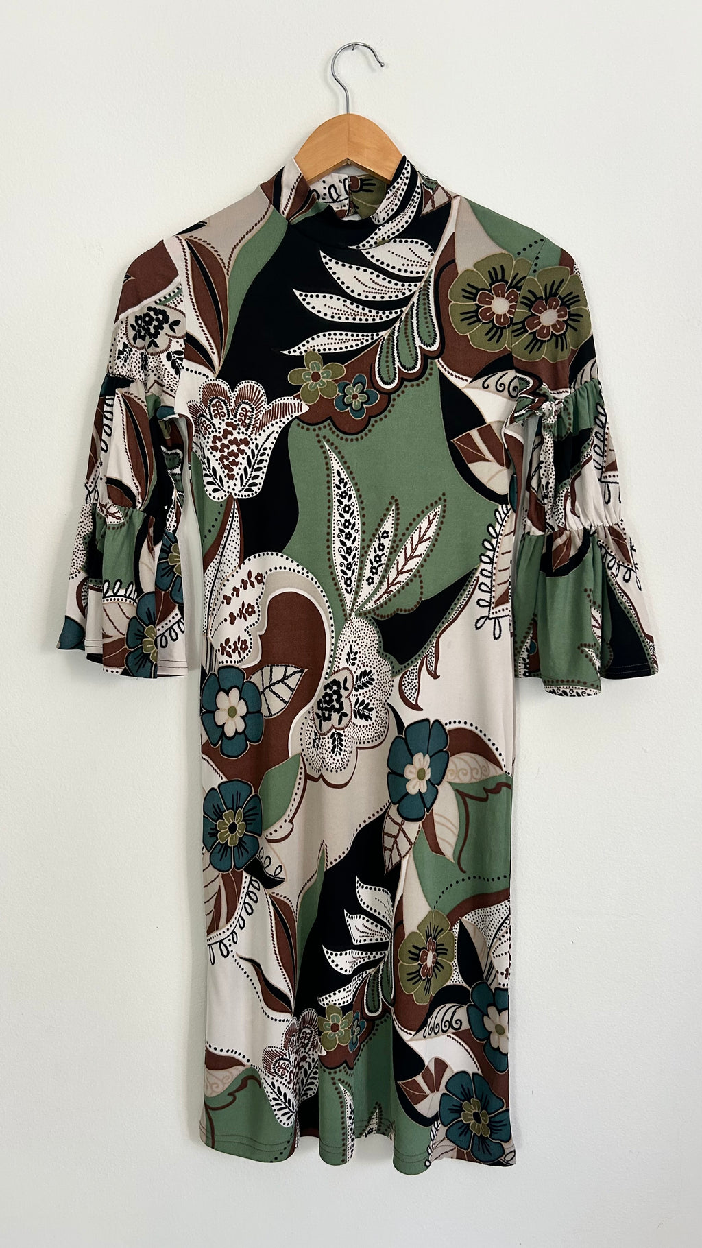 Y2K Dress – 100% Rayon – Green, Brown & White – 3/4 Sleeves