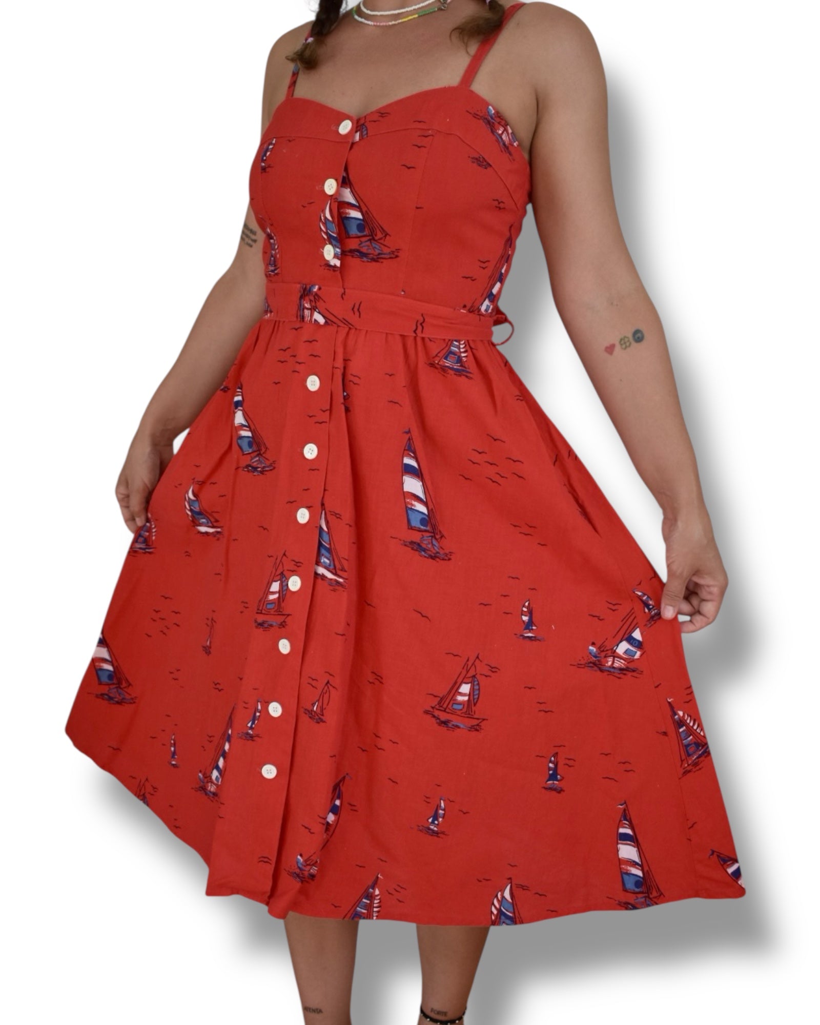 Vintage 80s Red Sailboat Print Midi Dress | Sweetheart Neckline