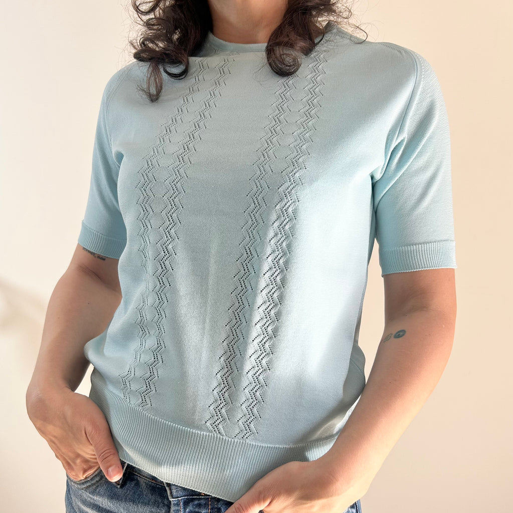 70s Blue Pointelle Knit Top